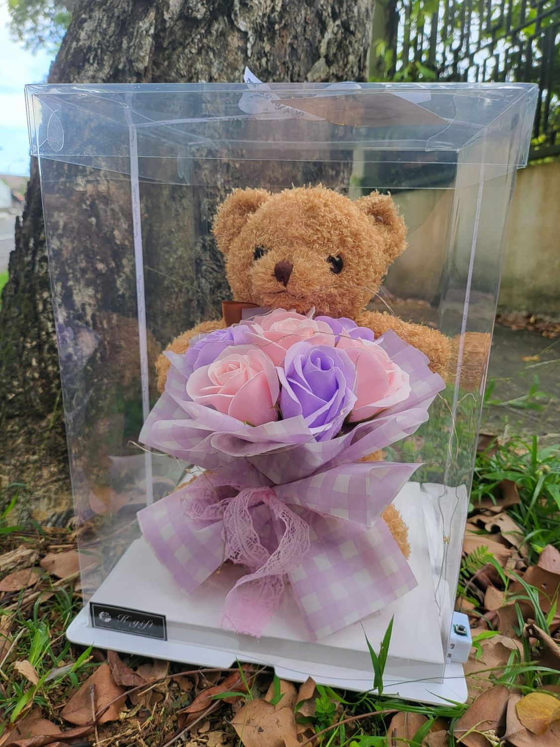 Brown teddy bear with Soap roses and LOVE lighting