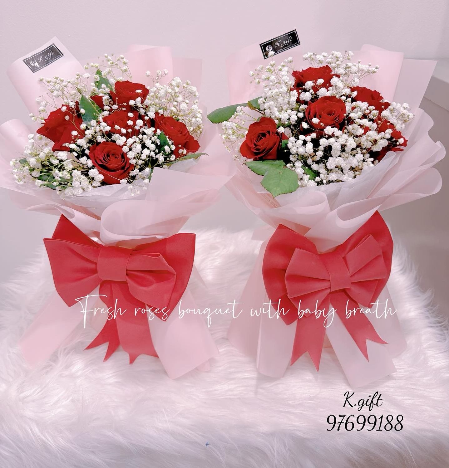 6 Stalks Fresh Red Flower with Baby breath bouquet