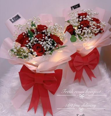 5 Stalks Fresh Red Rose with Baby breath bouquet