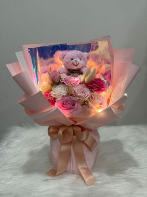 Soap roses with tiny bear bouquet