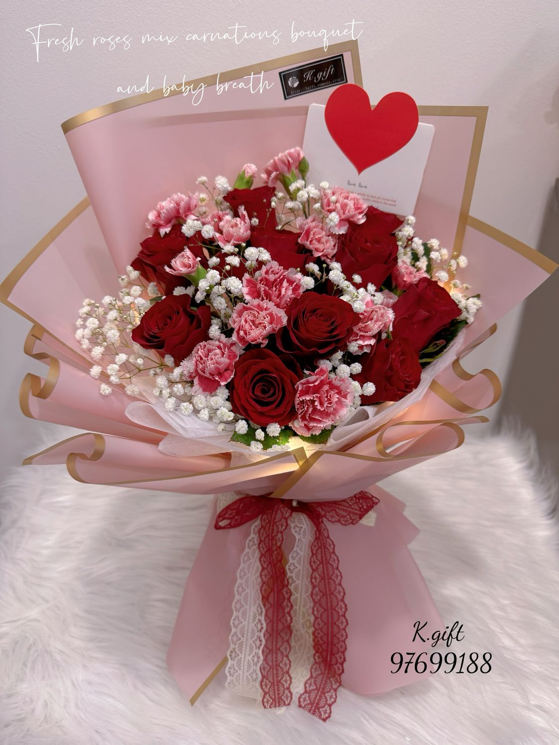 Fresh roses mix carnation and baby breath bouquet