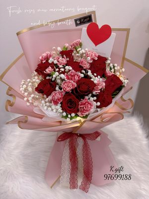 Fresh roses mix carnation and baby breath bouquet