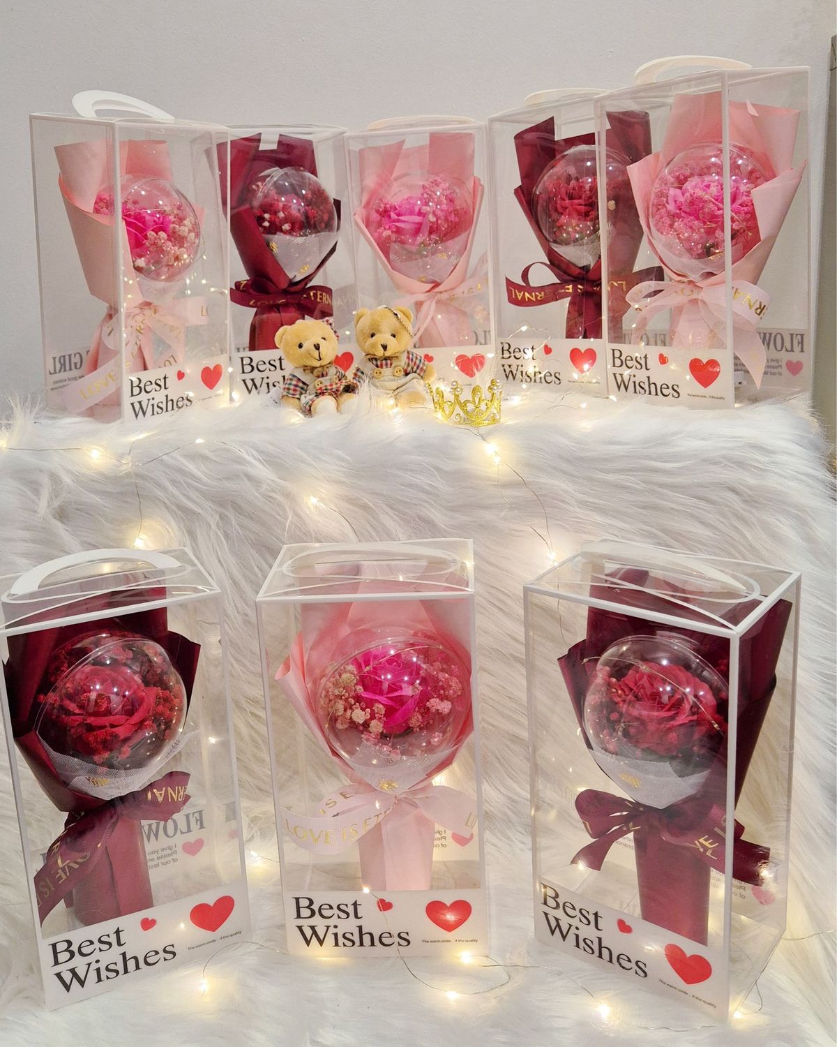 Acrylic ball with baby breath and soap rose small bouquet