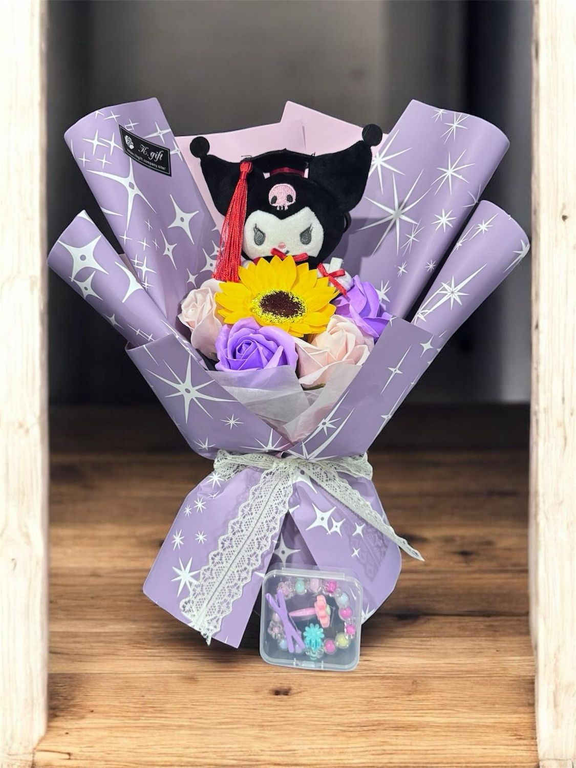 Kids Graduation Bouquet - Kuromi With Flowers - Free Bracelet &amp; Hair Clips Set