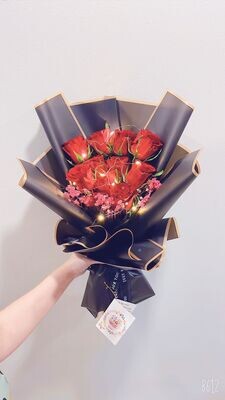 10 Stalks Fresh Roses with pink baby breath bouquet