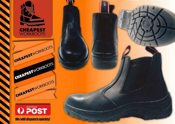 Cheapest Steel Cap Leather Boot Safety Slip On Black Slip Resistant FREE SOCKS