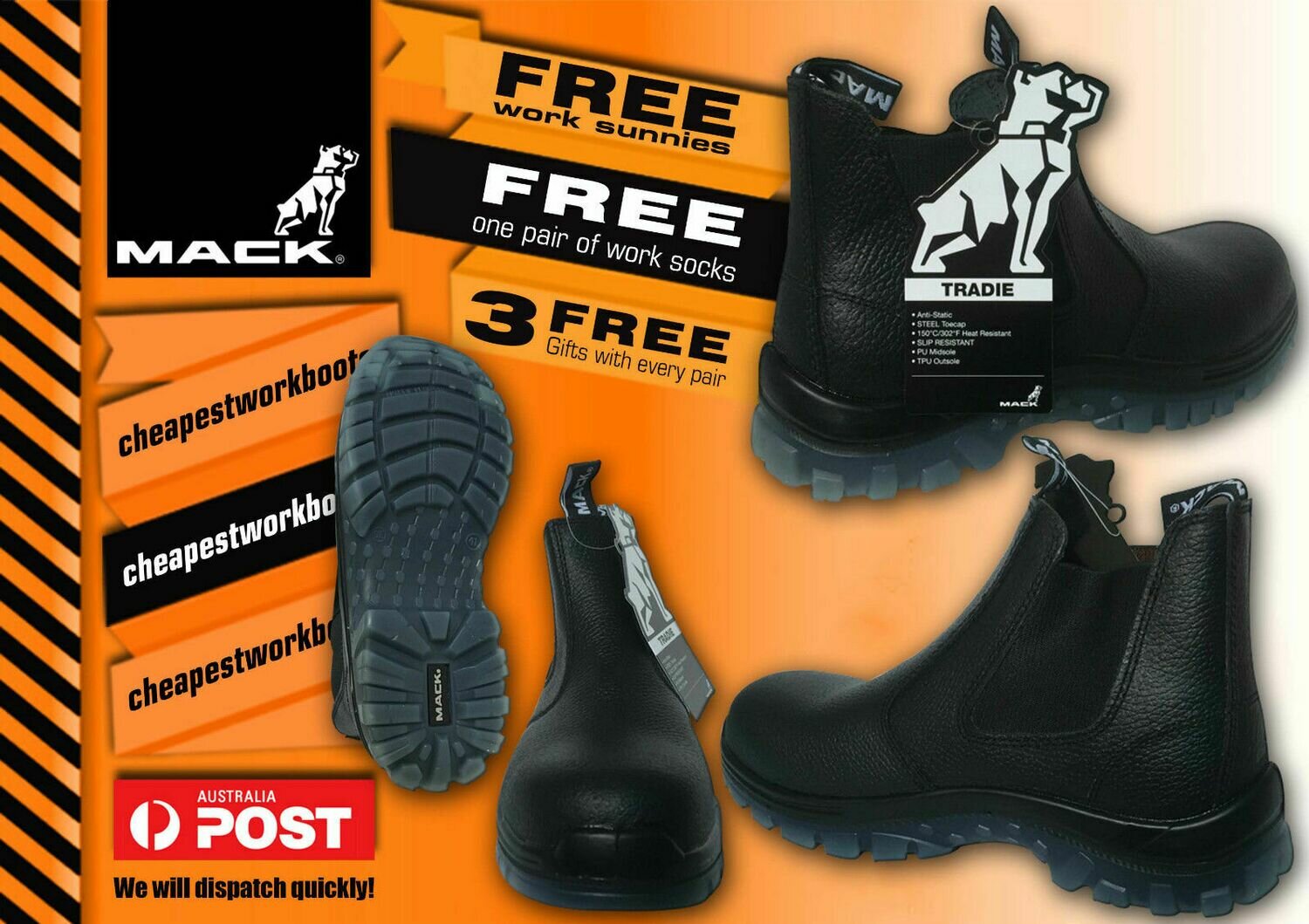 Mack Tradie MKTRADIE-BBF Steel Cap Safety Boot Slip On Elastic Sided FREE SOCKS, Size: 7