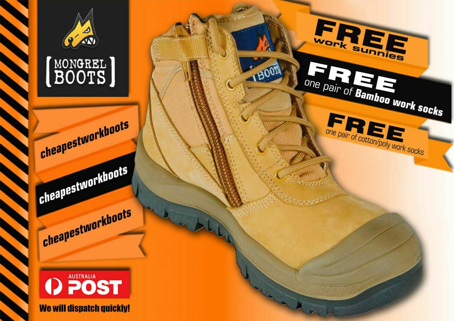 Mongrel 461050 Work Boots 3 FREE GIFTS Steel Toe Safety Wheat, Zip Scuff Cap