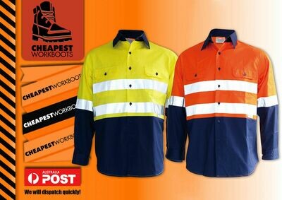 10x Hi Vis Cotton Drill Shirt Reflective, Vents Long Sleeve Safety Work Wear