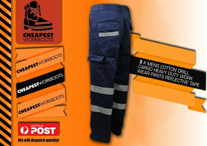 3x Mens Cotton Drill Cargo Heavy Duty Work Wear Pants Reflective Tape