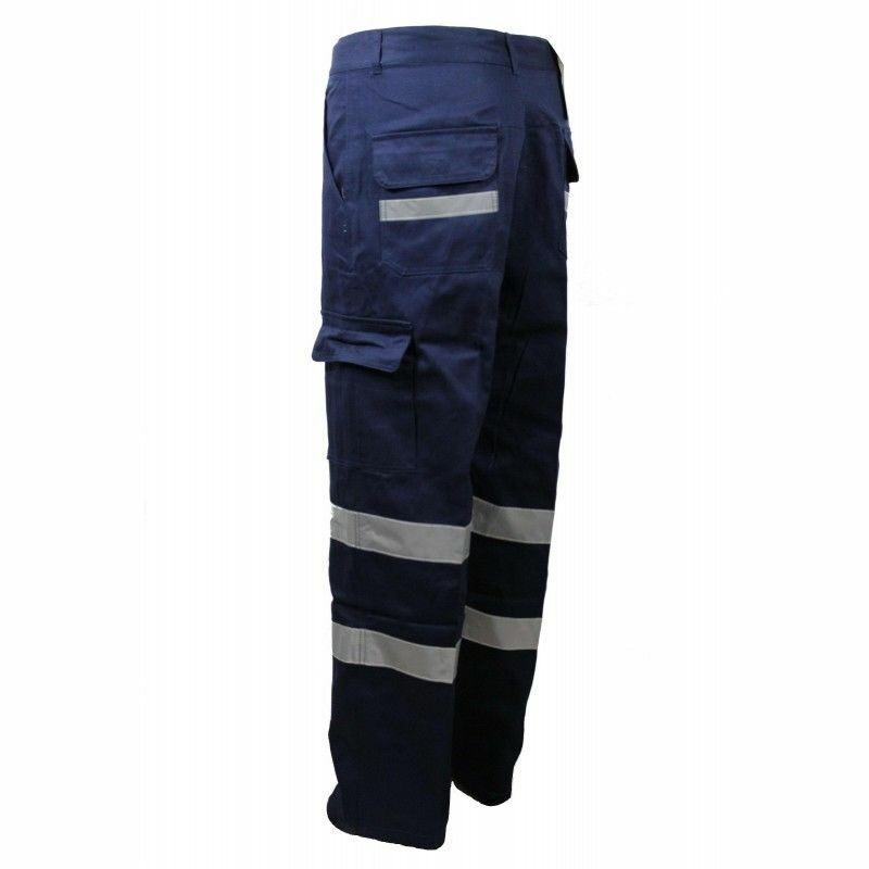 3x Mens Cotton Drill Cargo Heavy Duty Work Wear Pants Reflective Tape