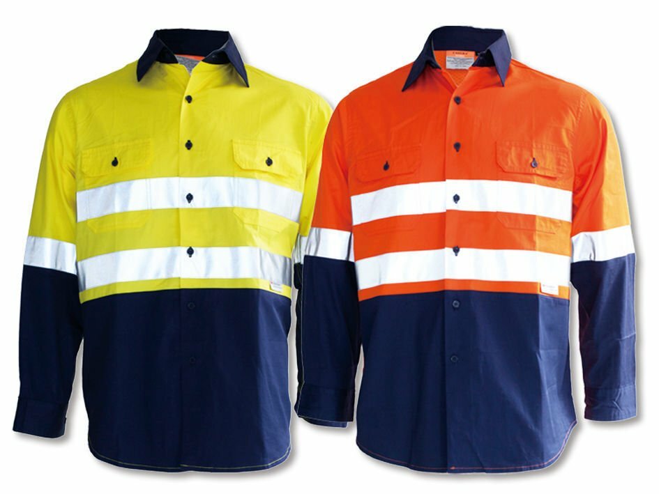 3x Hi Vis Cotton Drill Shirt Reflective, Vents Long Sleeve Safety Work Wear
