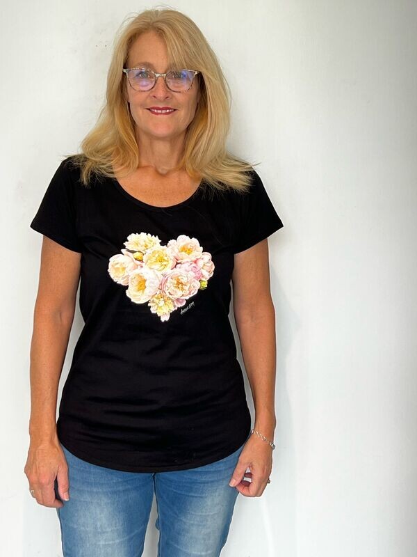 Ladies Peonies Black T-Shirt