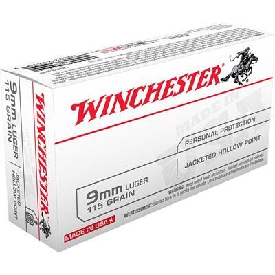 WINCHESTER USA PISTOL AMMO 9MM LUGER 115 GR. JACKETED HP 50 RD.