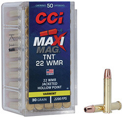 CCI Rimfire, 22 Win Mag Maxi‑Mag TNT, 30 grain, Jacketed Hollow Point, 50/box