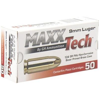 MAXXTECH PISTOL AMMO 9MM 124 GR. FMJ 500 RD.