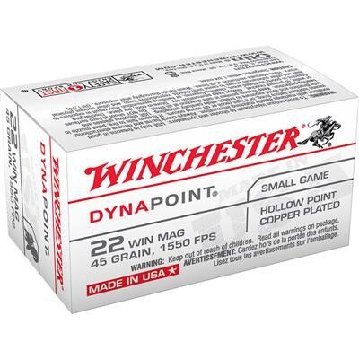 WINCHESTER USA DYNAPOINT PISTOL AMMO 22 MAG 45 GR. COPPER PLATED HP 50 RD.