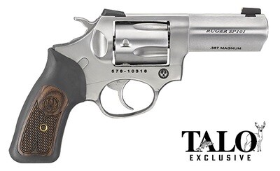 RUGER SP101 Wiley Clapp, .357 Mag, 3" Barrel, Gold Bead/Novak Sights, Stainless, Wood Insert Grips, 5-Rd, TALO Exclusive
