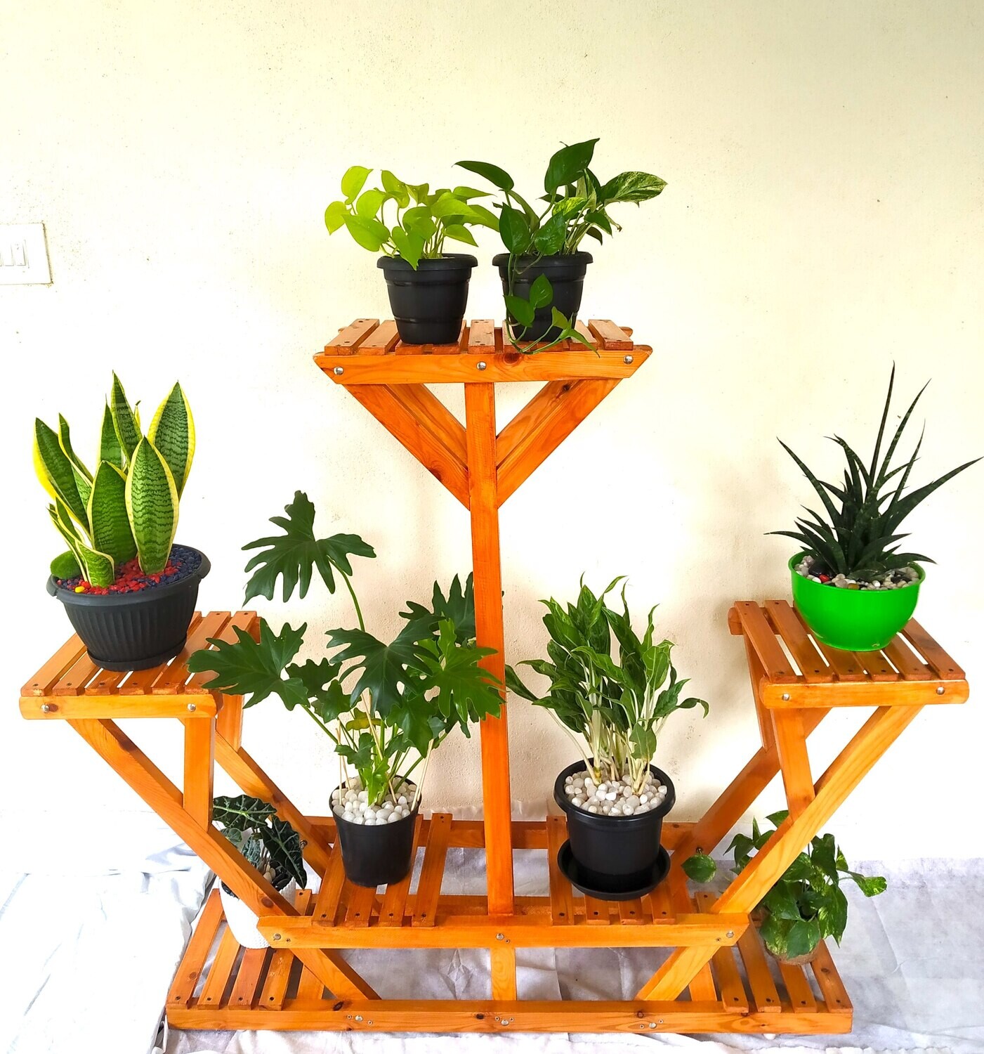 Gaint W-Shape Wooden Multipurpose Plant Stand | Living Room Side Stand | Flower Pot Stand | Height:4 Feet