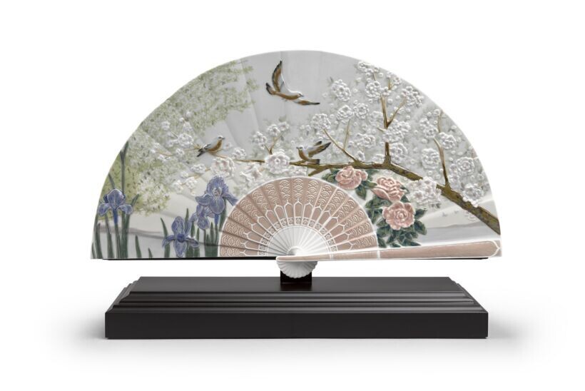 Lladro Iris and Cherry Flowers Fan Decorative Fan. Limited Edition