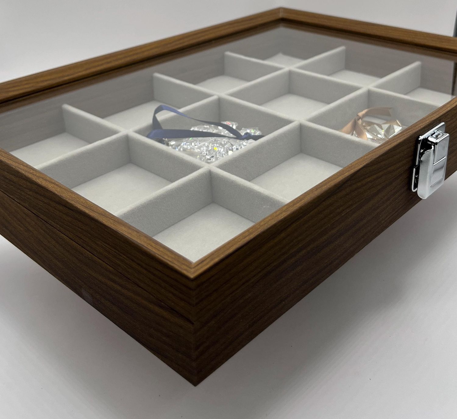 Natural Wood 12 Compartment Display Case with Glass Top for Swarovski Christmas Ornaments