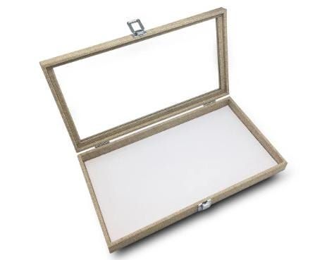 Burlap Linen Display Case with Glass Top 8 Compartment Tray