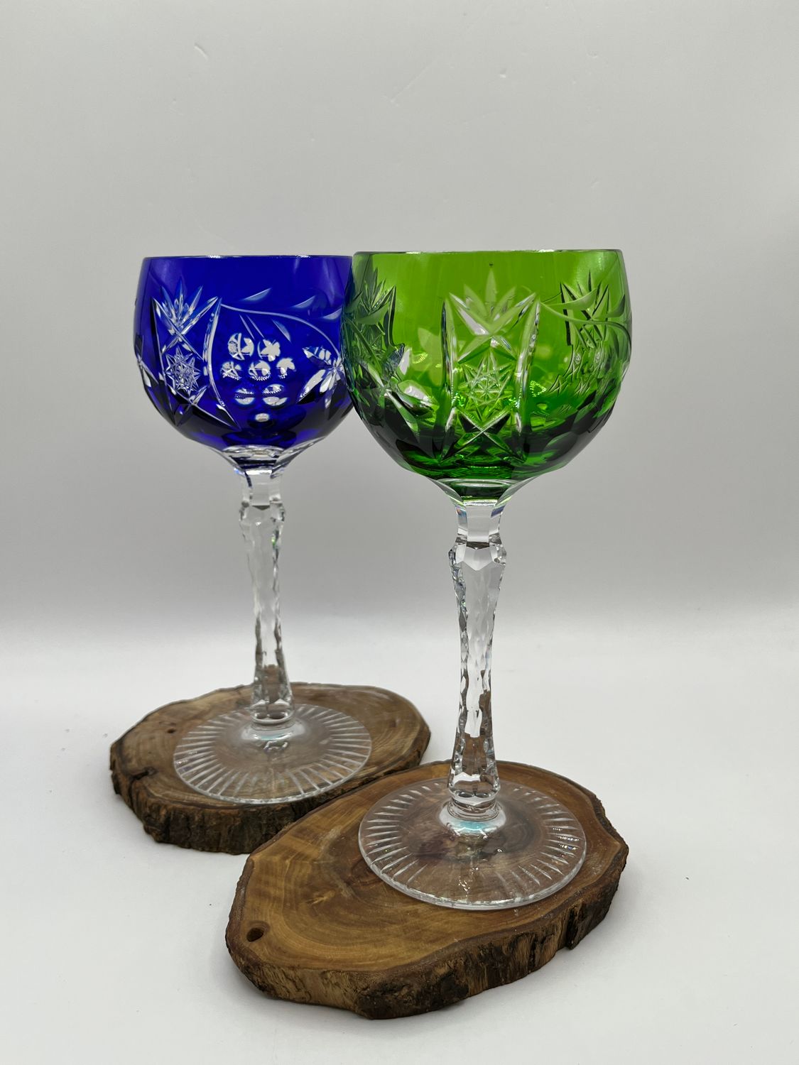 Ajka Marsala Emerald and Blue Fruit Pattern Goblets 7.75"
