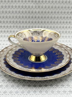 Tirschenreuth Z &amp; Co Bavarian 3pc Cobalt/Gold Teacup Set 1950's