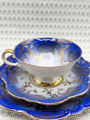Johann Feltman Vohenstraub Bavarian 3pc Cobalt & Gold Teacup Set