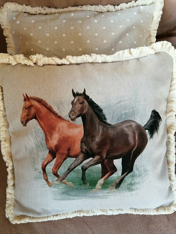 Cushion Cover - Wild Horses with fringe trim