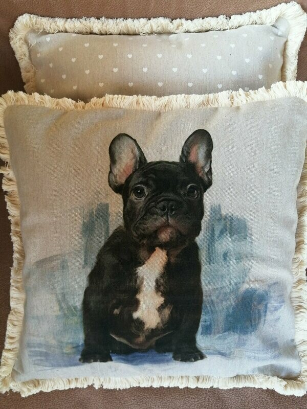 Cushion cover - French Bulldog pup  with fringe trim