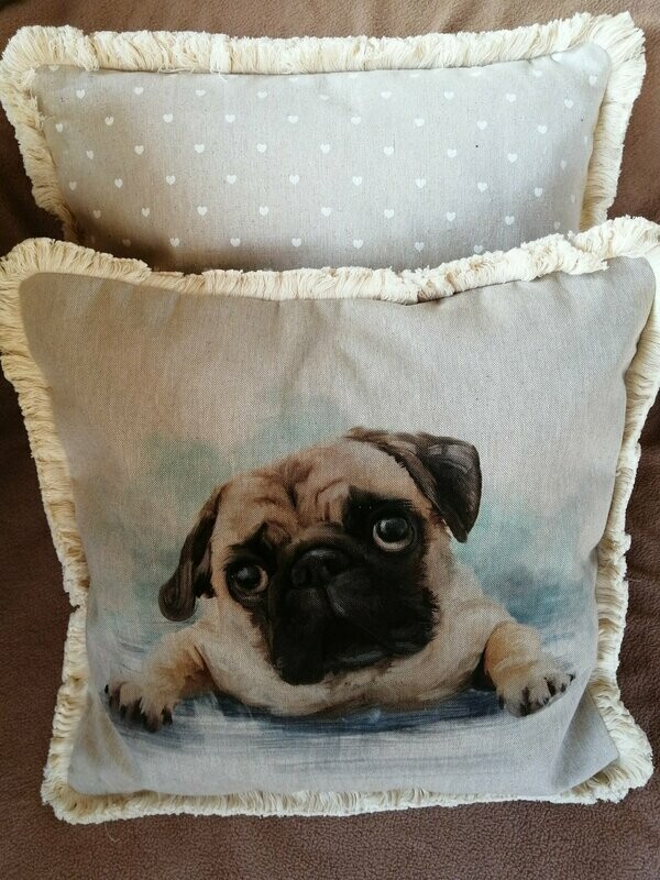 Cushion cover - Pug pup with fringe trim