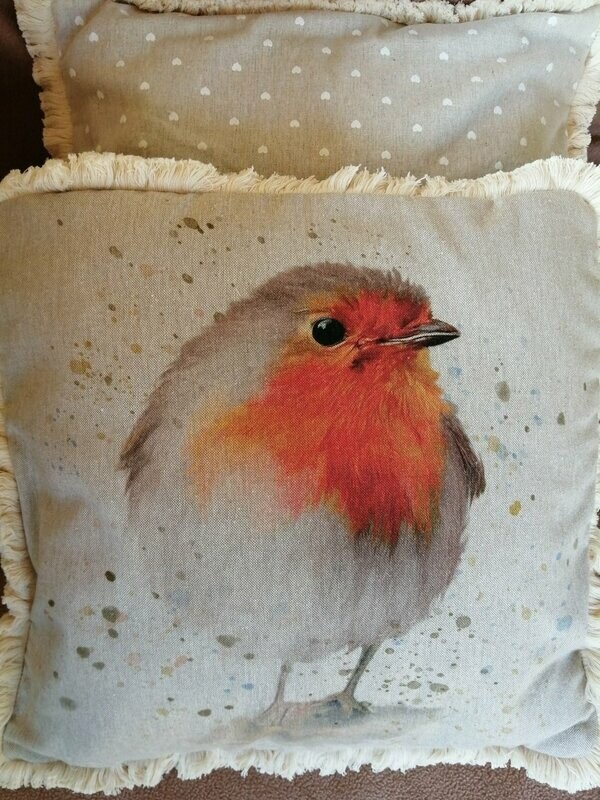 Cushion Cover - Robin print with fringe trim