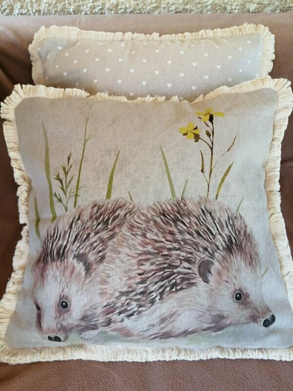 Cushion Cover - Hedgehog print with fringe trim