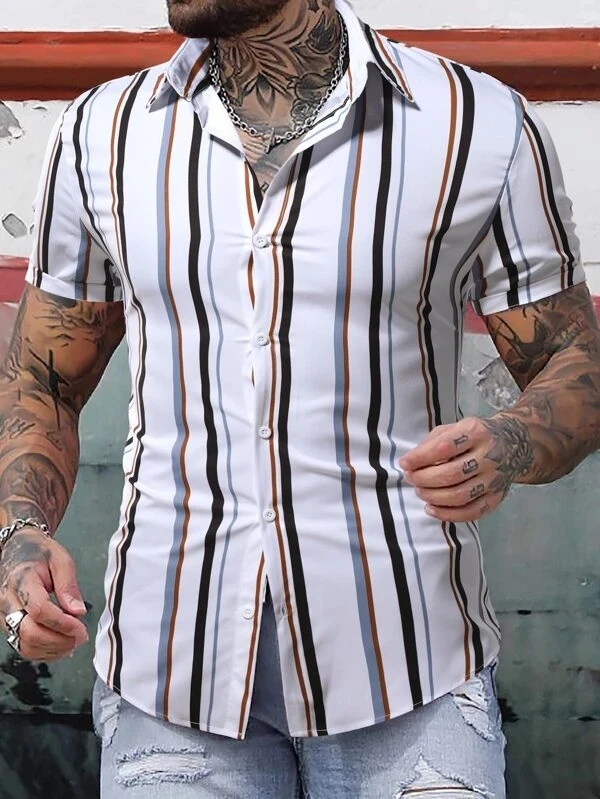 Hombres Camisa De Rayas Verticales Con Bot N