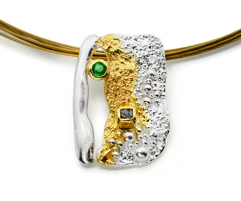 Eva Stone, Emerald Silver and Gold Pendant on Surgical Steel Chord 