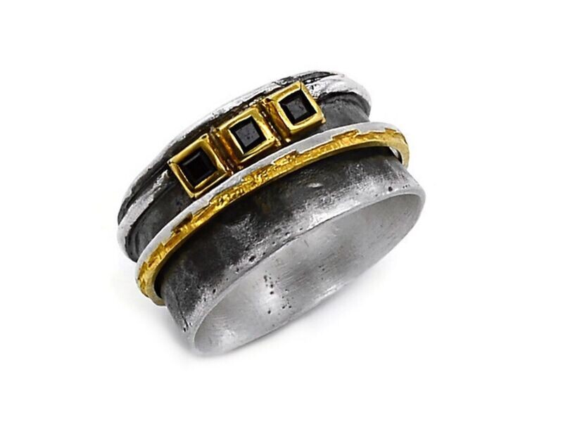 Spinning Ring Silver Gold & Spinel Stones- Eva Stone