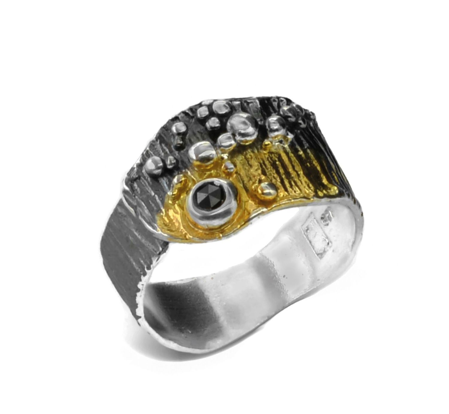 Rough diamond gold & oxidised ring