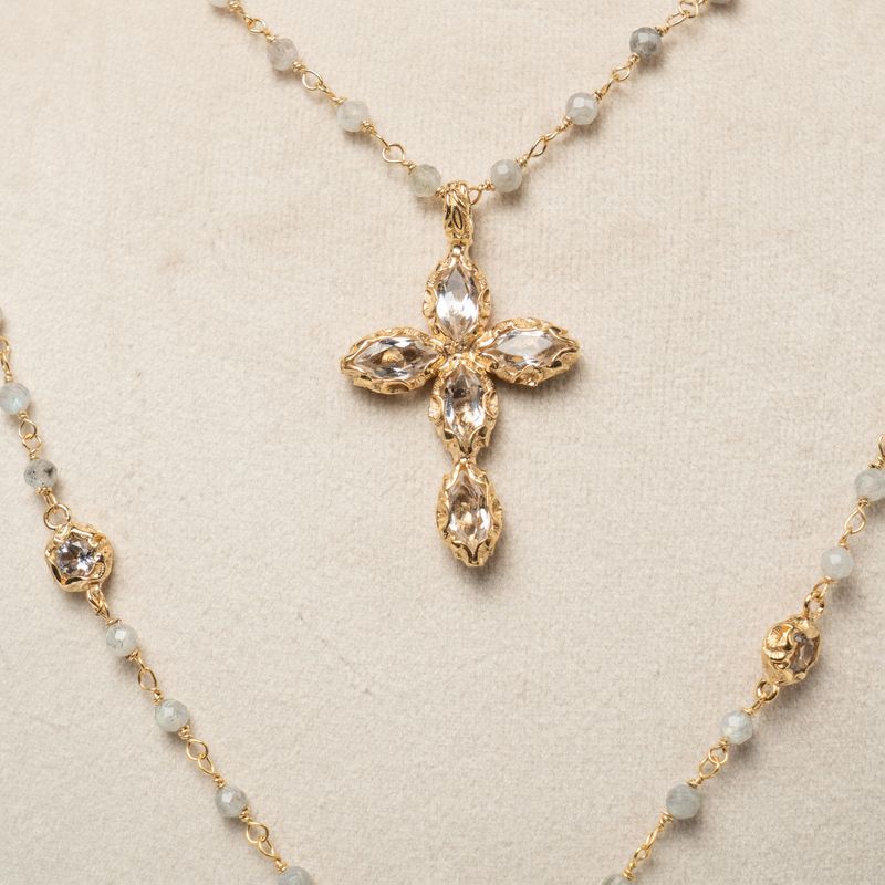 Layered cross necklace with crystals & labradorite stones