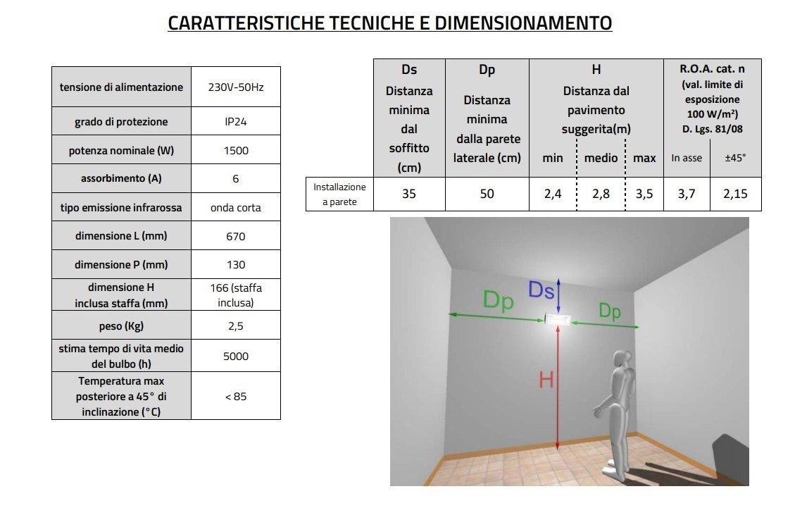 Riscaldatore radiante elettrico a raggi infrarossi ad onda corta 1500 W