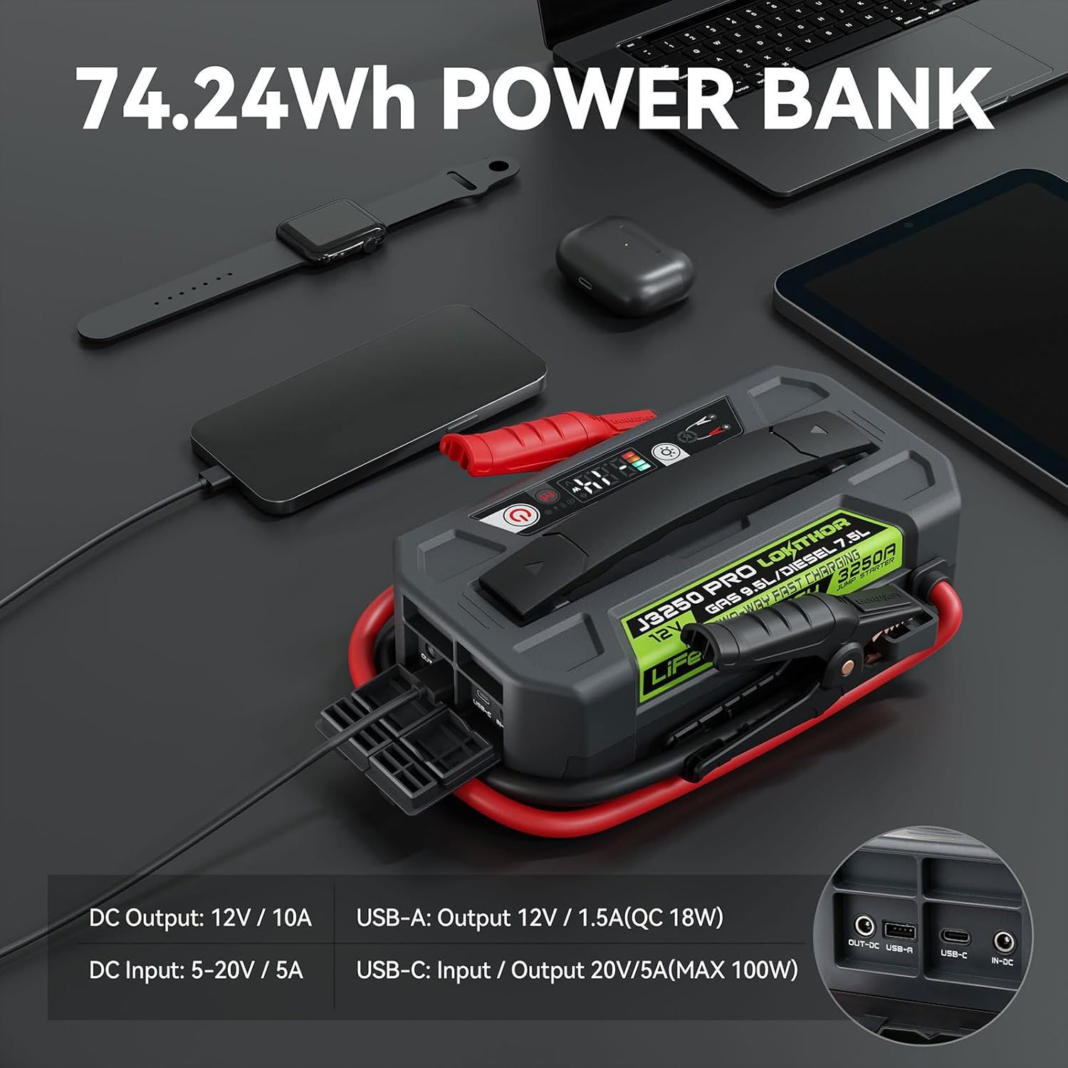 J3250 PRO Jump Starter with ConnectMax, 3250A LiFePO4 Car Starter Battery for 9.5L Gas and 7.5L Diesel Engines, Jump Pack with 100W Two-Way Fast Charging, Super-Safe and 2000 Cycle Life