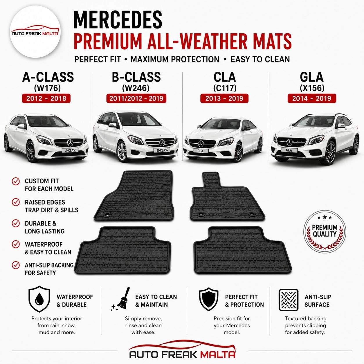 Mercedes GLA (X156) 2014–2019 Custom Rubber Floor Mats – Also Fits A-Class (W176), B-Class (W246) &amp; CLA (C117)