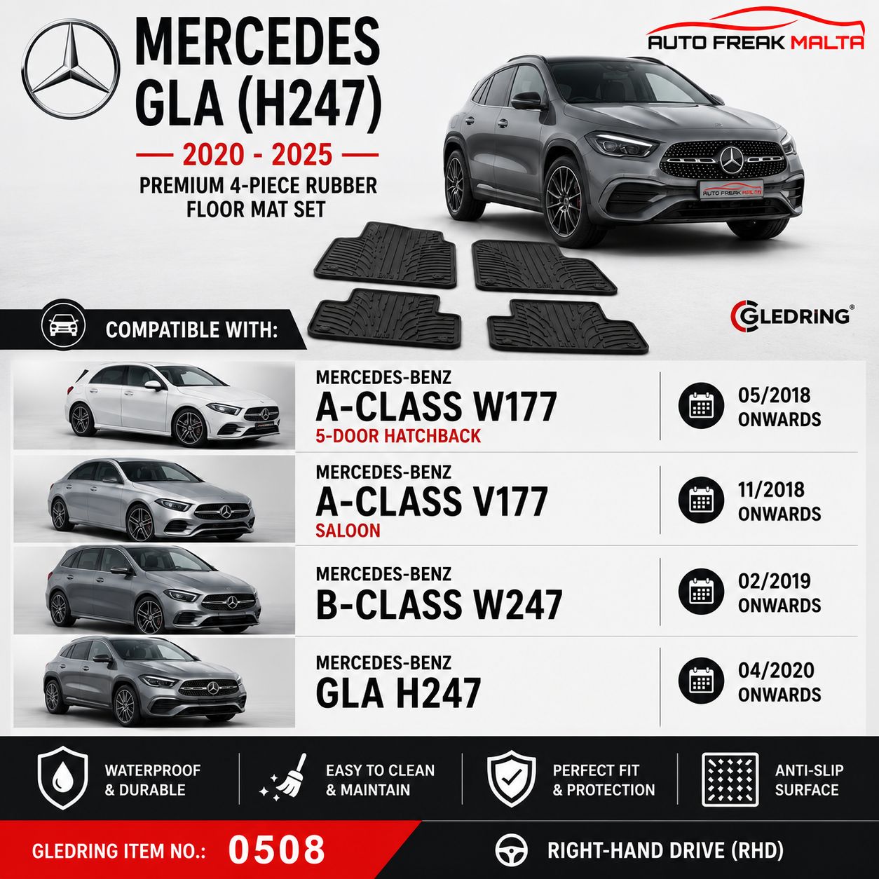 Compatible with: Mercedes-Benz **A-Class W177 Hatchback (05/2018–Present), A-Class V177 Saloon (11/2018–Present), B-Class W247 (02/2019–Present) &amp; GLA H247 (04/2020–Present) – Right-Hand Drive (RHD).