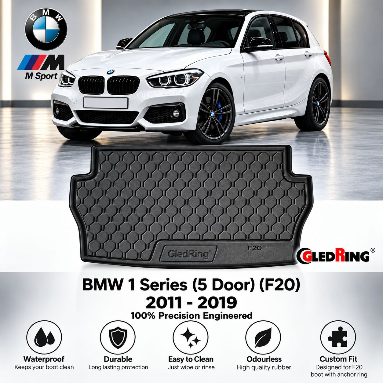 Gledring Custom-Fit Rubber Boot Mat to fit BMW 1 Series (5 Door) (F20) 2011 - 2019  for  F20 models with boot  luggage cargo anchor ring  Only