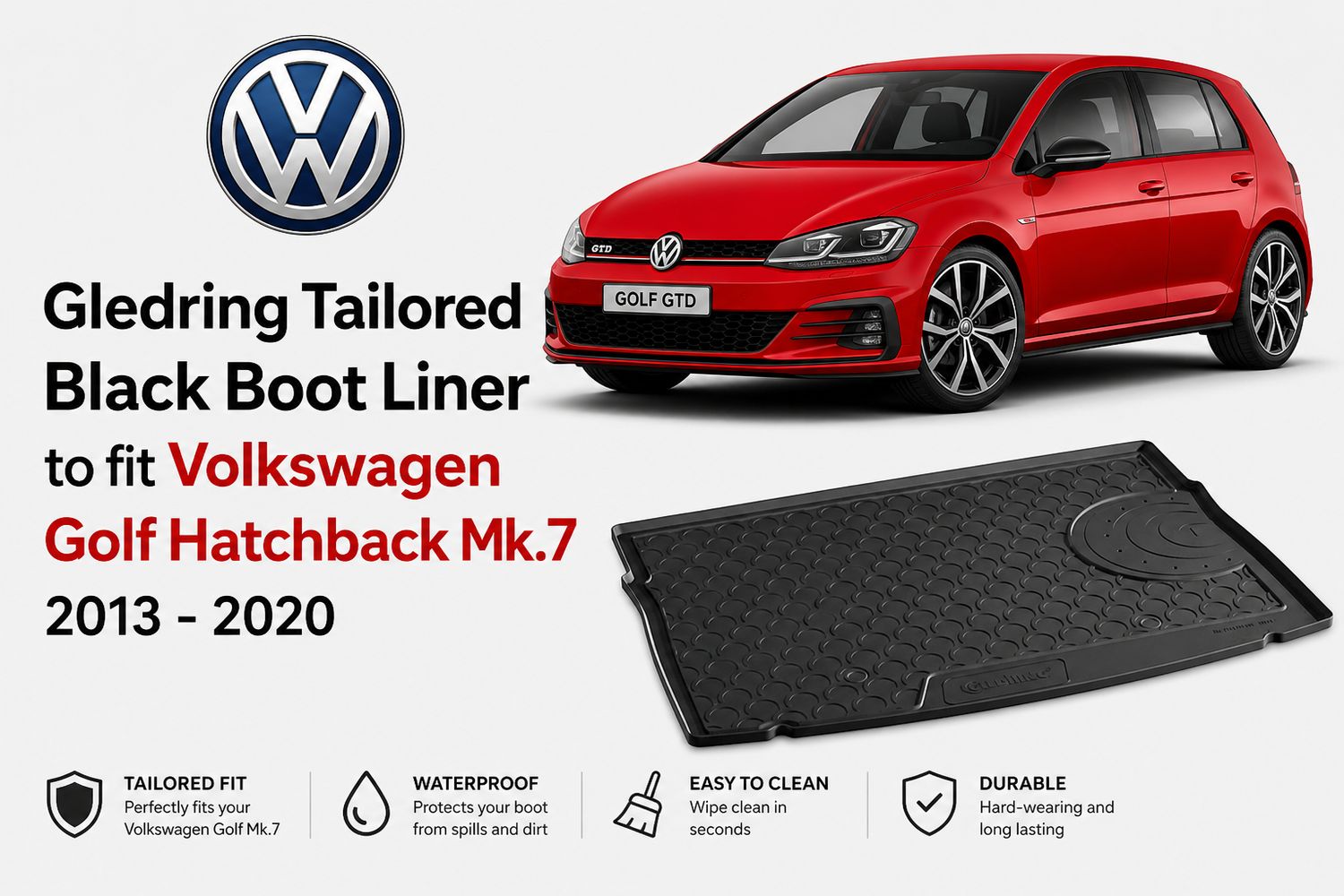 Gledring Tailored Black Boot Liner to fit Volkswagen Golf Hatchback Mk.7 2013 - 2020