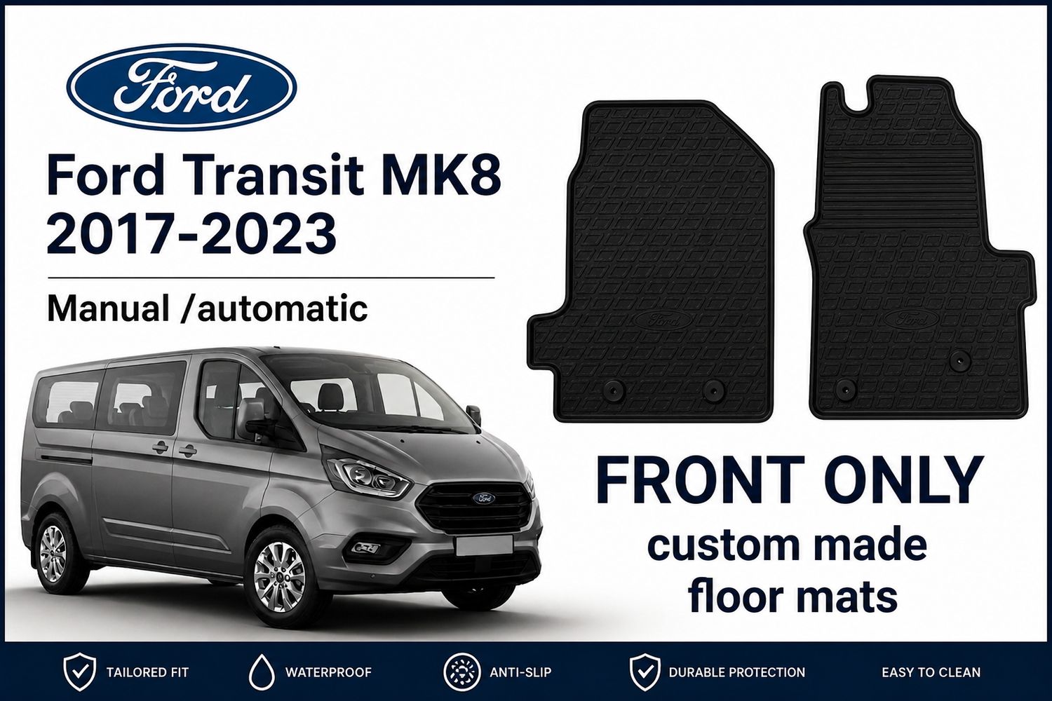 Gledring Tailored Rubber Floor Mats to fit Ford Transit Custom Van 2017-2023 Manual