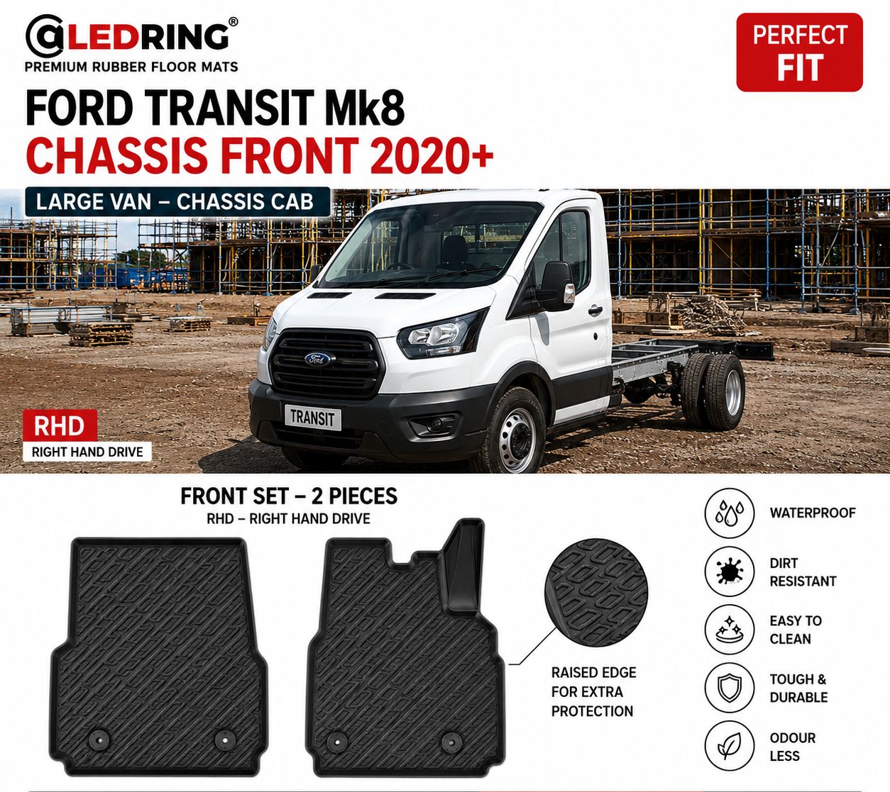 Gledring Tailored Rubber Floor Mats to fit Ford Transit Mk 8  Chassis Van 2020
