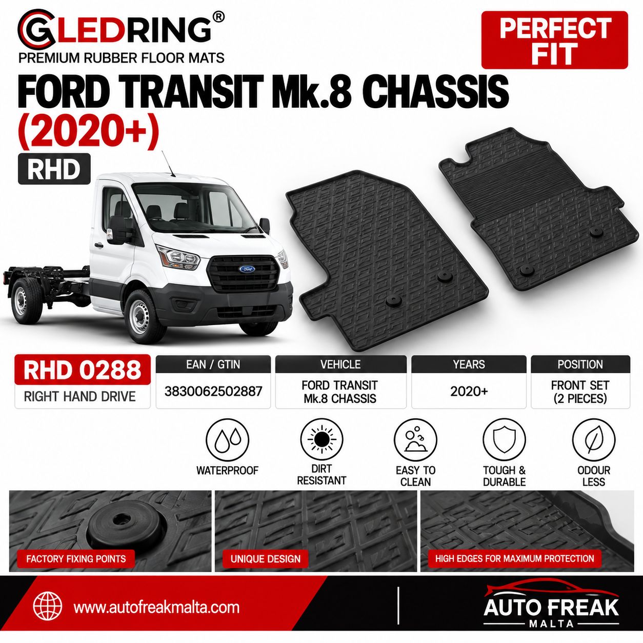 Gledring RHD 0288 Ford Transit Mk.8 Chassis Cab Rubber Floor Mats 2020+ – 2pc