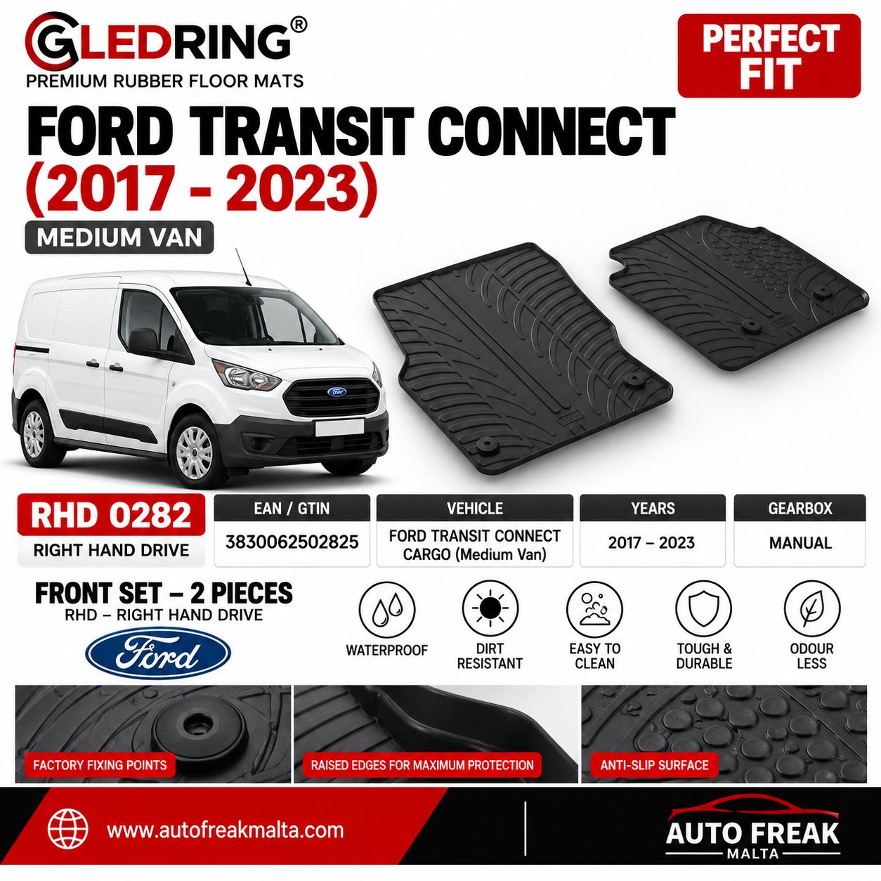  Gledring RHD 0282 Ford Transit Connect Cargo Rubber Floor Mats 2017–2023 – Manual – 2pc