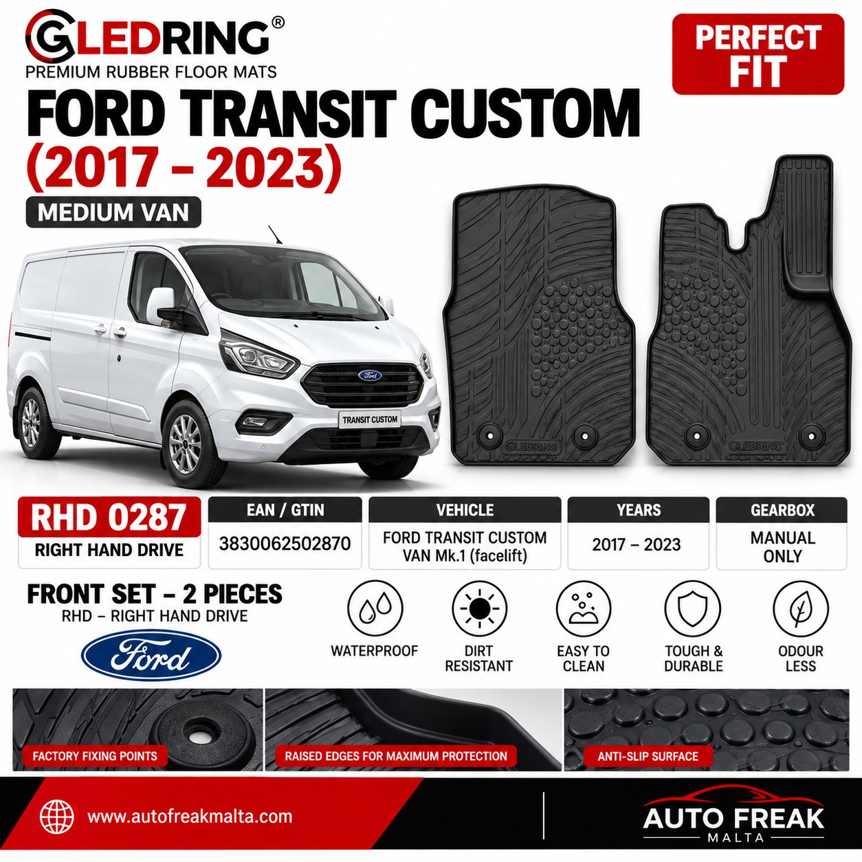 Gledring RHD 0287 Ford Transit Custom Rubber Floor Mats 2017–2023 – Manual – 2pc